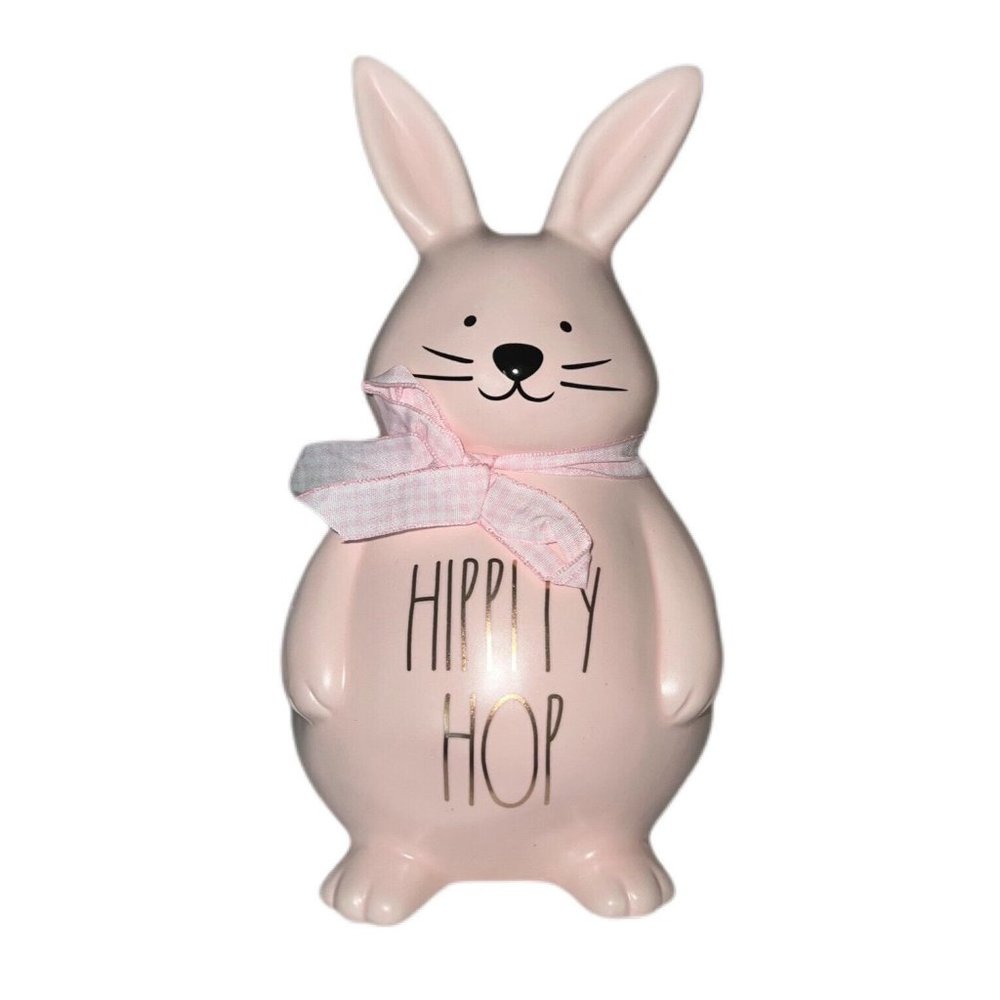 New RAE DUNN 2021 Pink Uppercase HIPPITY HOP Figural Easter Bunny With Check Bow